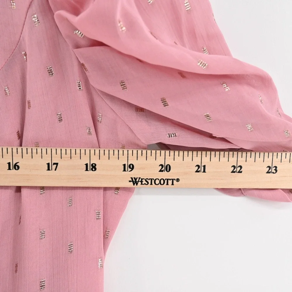 Express Metallic Clip Dot Dress Sz M Pink Gold Puff Sleeve Coquette Ballet Retro - Picture 11 of 12